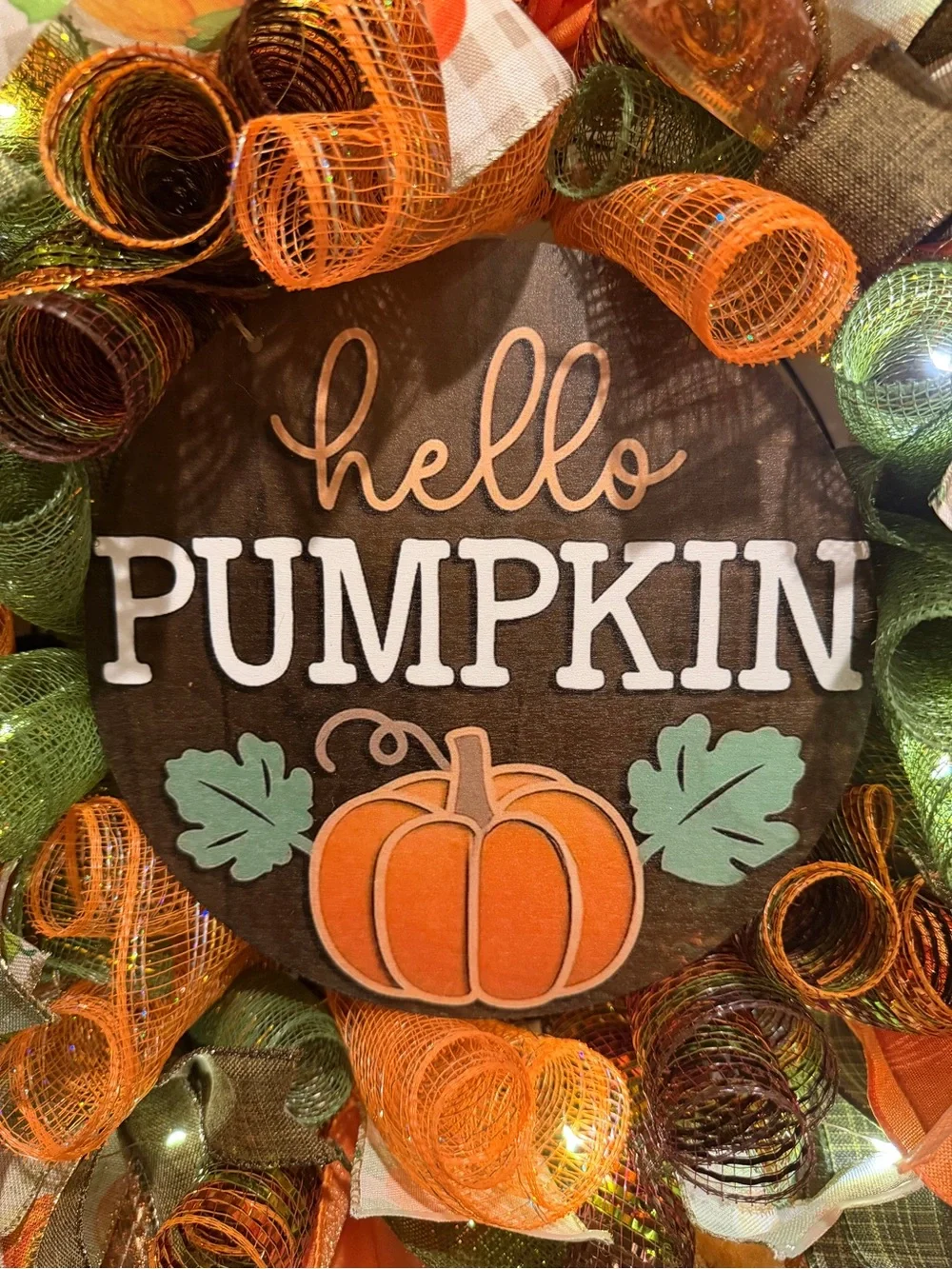 Handmade Hello Pumpkin Ribbon Welcome Door Wreath Fall Leaf 22 in LED W24